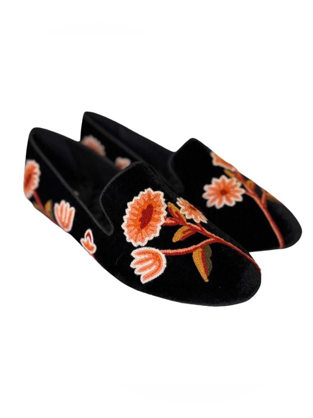 Birdies Black Velvet Slip-On Loafers with Orange Floral Embroidery - Picture 6 of 10